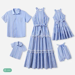 PatPat Family Matching Stripe Shirt and High Neck Halter Tiered Tassel Trim Dress Sets