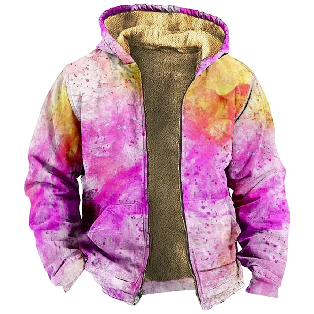 Winter Coats For Men Women Tie Dye Hoodie Long Sleeve Stand Collar Zipper Sweatshirt Fashion Clothes 2024