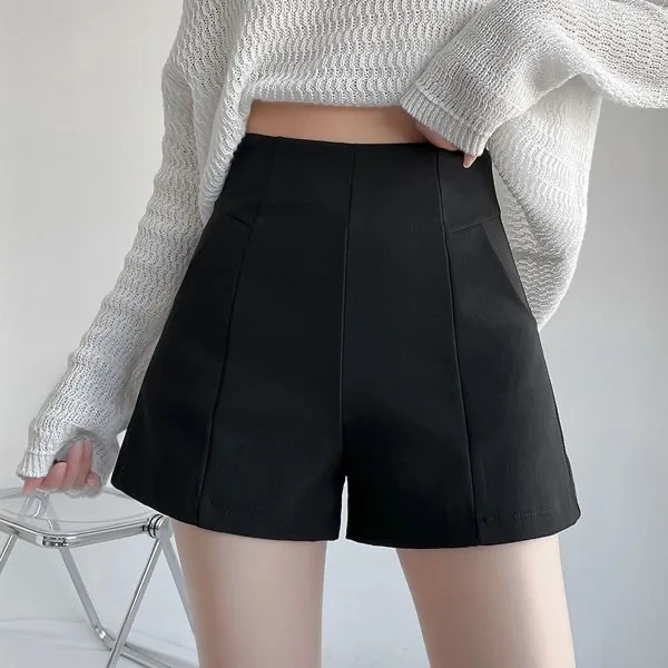 Black Suit Short Pants Women's High Waist Casual A-Line Loose Slim Wide Leg Outerwear Short Pants Summer New Arrival