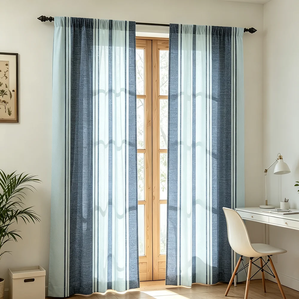 2PCS Digital Print Sheer Curtain,Blue Gray Vertical Stripe Pattern,Minimalist Style For Bedroom Study Decor