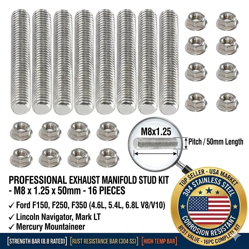 16stes M8*1.25x50mm 304 Stainless Steel Exhaust Manifold Stud Nuts Kit for Ford F150 F250 4.6L 5.4L 6.8L V8 V10 Engine Hardware