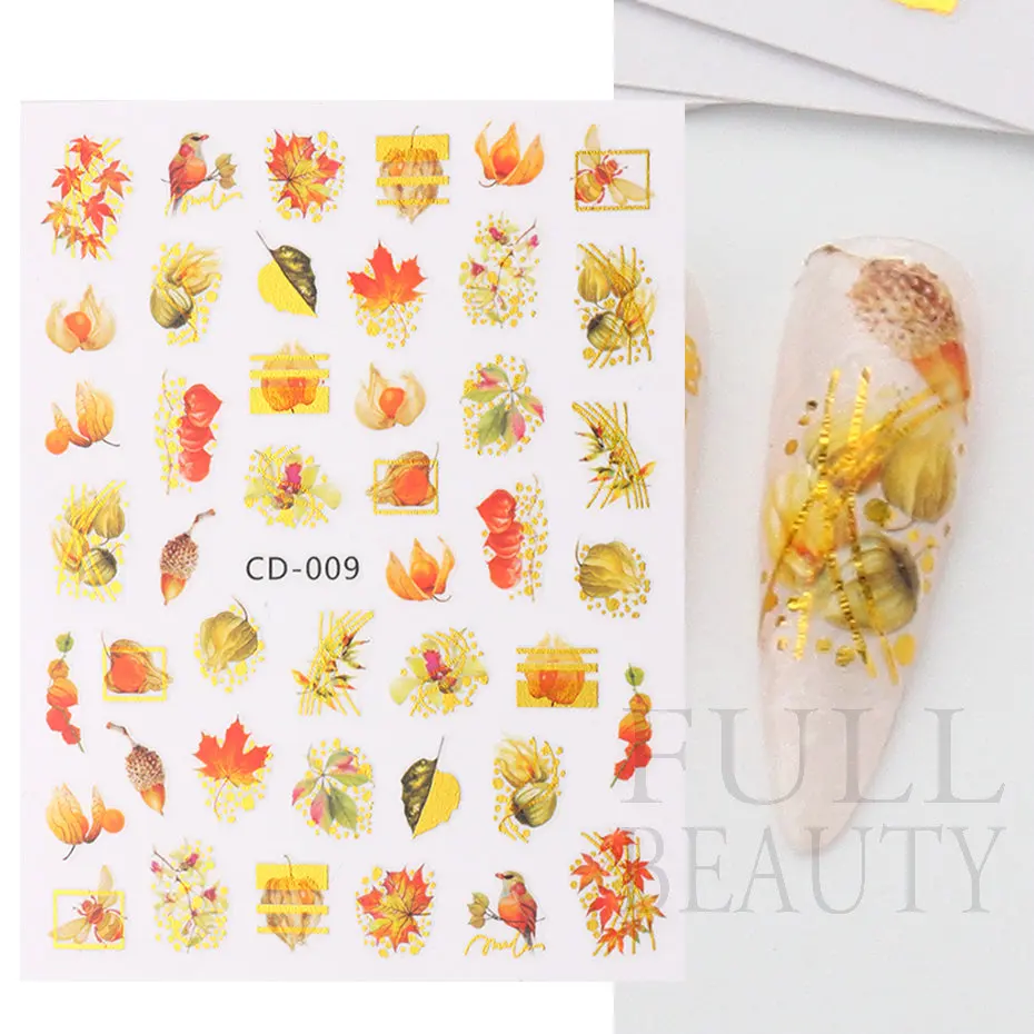 1pc Fall Leaf 3D Stickers For Nail Art Maple Leaves Orange Yellow Pattern Decal Autumn Season Manicure Decoration Slider NLCD009