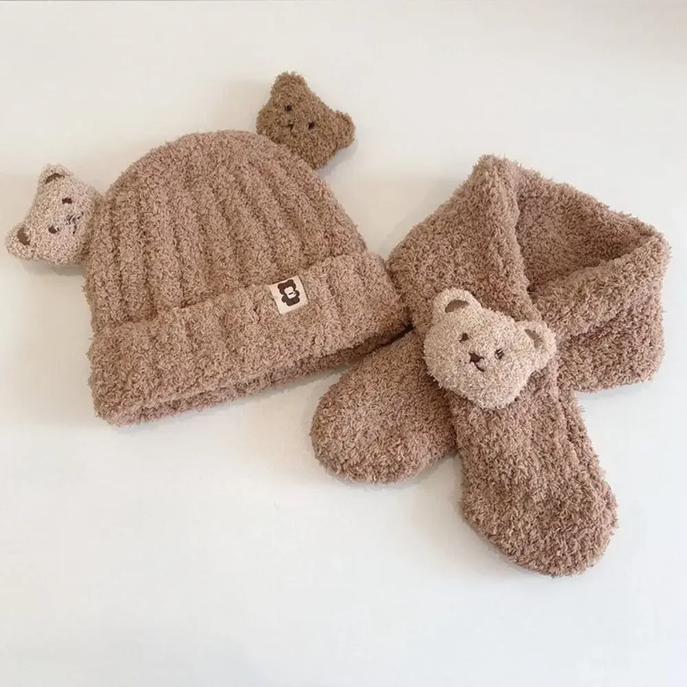 2Pcs Cartoon Bear Baby Winter Hat Scarf Set Children Warm Scarves Plush Knit Cap Thick Ear Protection Infant Beanie for Girl Boy