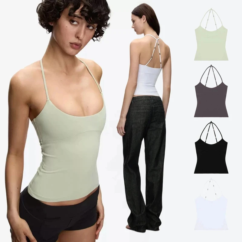 Tank 26 Summer New Styl Ceramic Green Cross-Stripped Backless Neckline Top - Cutaway Corseted A-line Blouse