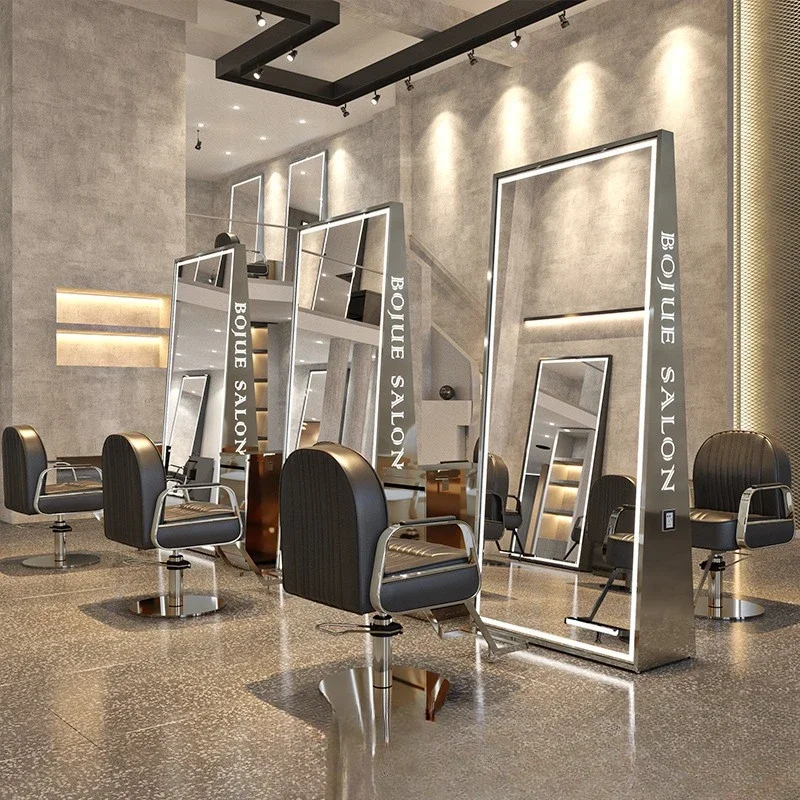 Barber shop mirror stand single and double-sided floor-to-ceiling mirror hair salon mirror with lamp stainless steel haircut mir