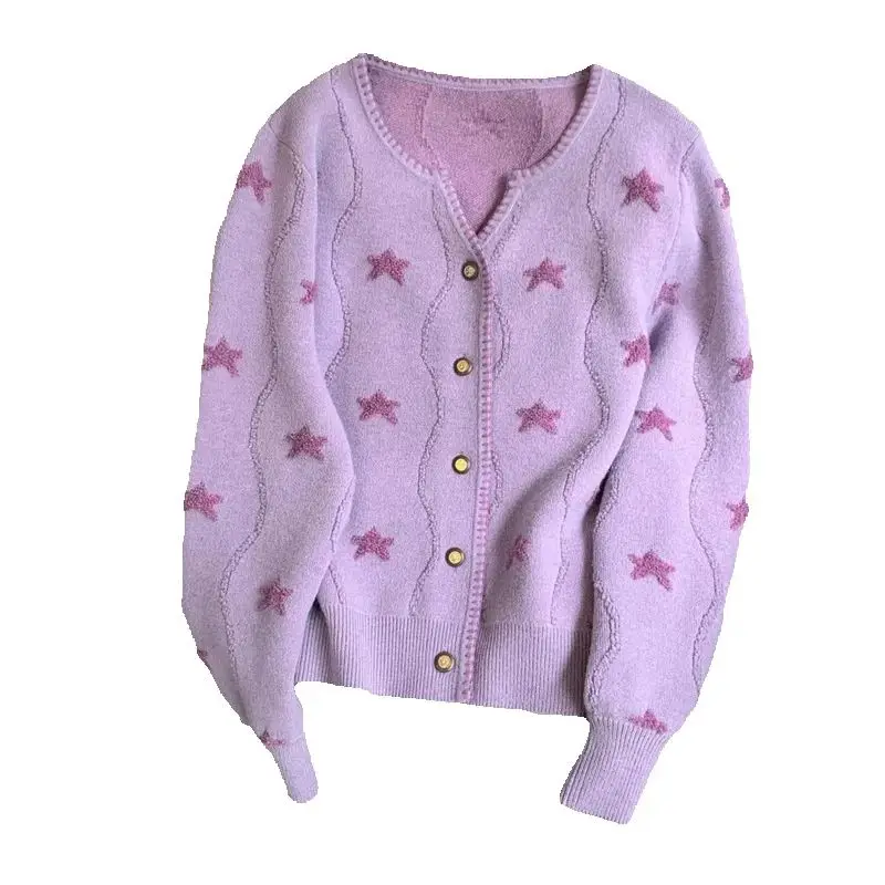 

Autumn Winter Cardigan Sweater Women 2024 New Fashion Loose Leisure Knitwear Star Printing Purple Button Outerwear Female