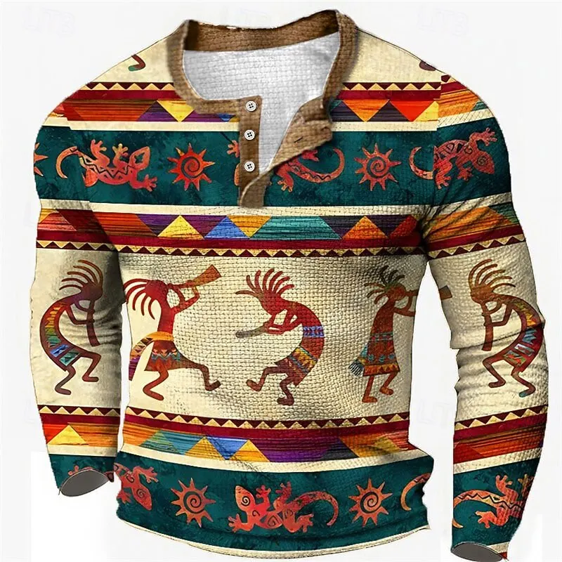 

Retro Ethnic Style Henley T-Shirts For Men Autumn Casual Long Sleeved Henry Collar Pullover Loose Breathable Comfortable Clothes