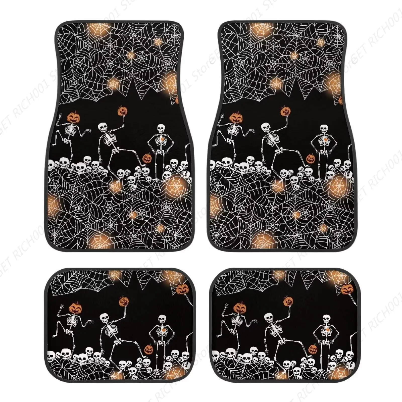 Pumpkin Skeleton Spider Web Car Floor Mats Universal Fit Auto Foot Mats Carpets 4 Pcs For Suv,Vans,Sedans,Trucks