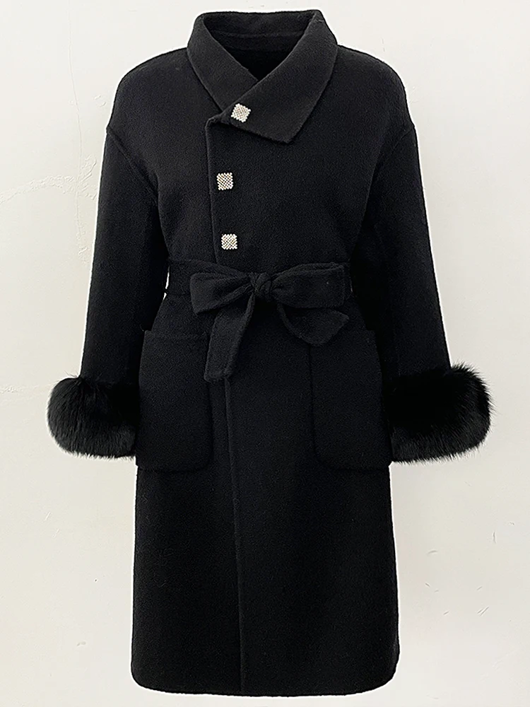 เสื้อโค้ทขนสัตว์แท้สำหรับผู้หญิง แฟชั่นฤดูใบไม้ร่วง-ฤดูหนาว ปี 2025  พร้อมเข็มขัดยาว  ผ้าขนสัตว์แคชเมียร์ผสมขนจิ้งจอกธรรมชาติ
