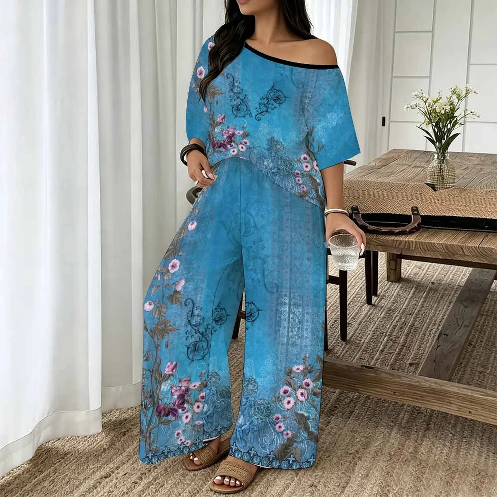 Plus Size Women Casual Print Two Piece Set Round Neck Sloping Shoulders  Short Sleeved Top Clothes Beach Vacation Sweatpants