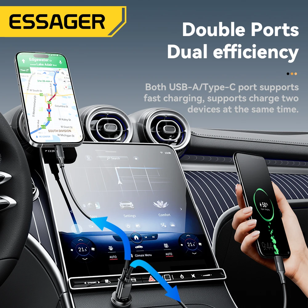 Essager 45W Mini Car Charger with USB-C and USB, QC/PD/SCP/AFC Fast Charging Supported 2