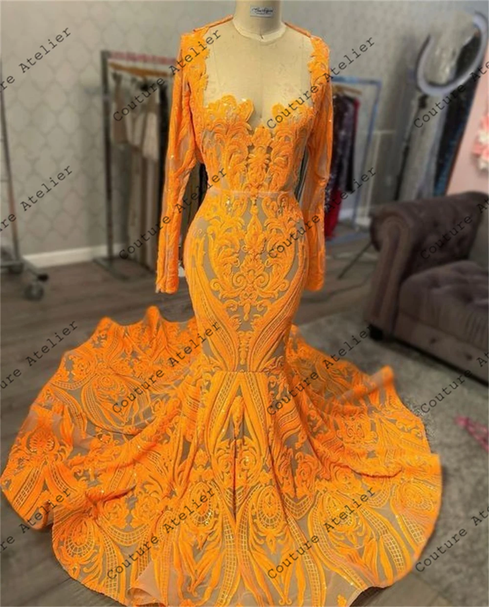 Shinning Orange Sequined Lace Prom Dresses Mermaid Birthday Dress For Black Girl Luxury 2024 Long Sleeves Formal Occasion Dress