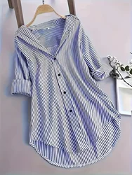 Plus Size Women clothing Shirt 2025 New Chic Stripes Blouse long sleeve blouse for woman The Collar Loose Female Tops