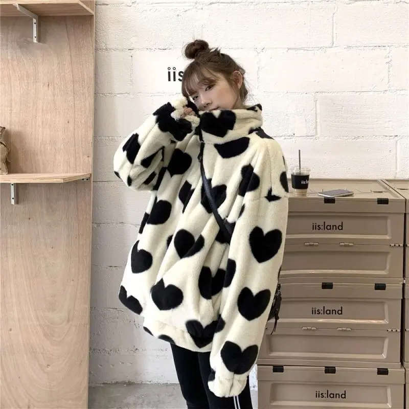 Fake Fur Coat Women Mid Length Jacket New Loose-fitting Velvet Thickened Warm Faux  Korean Stylish Elegant Printing Tops T138