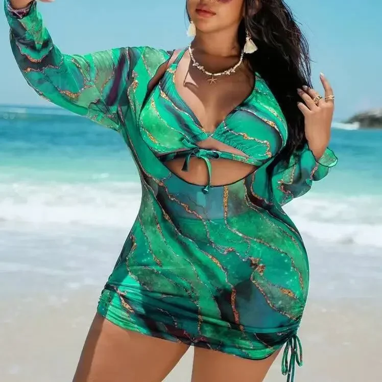 Tropical Plant Print Bikini Set Women's Crossbody Swimwear Three-piece Crossbody Swimwear Polyester Fabric with Chest Pad