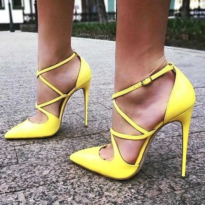 

Sexy Yellow Leather Pumps Women Shoes Pointed Toe Ankle Cross Strap Thin Heels Banquet Dress Shoes Customized Ladies Pump