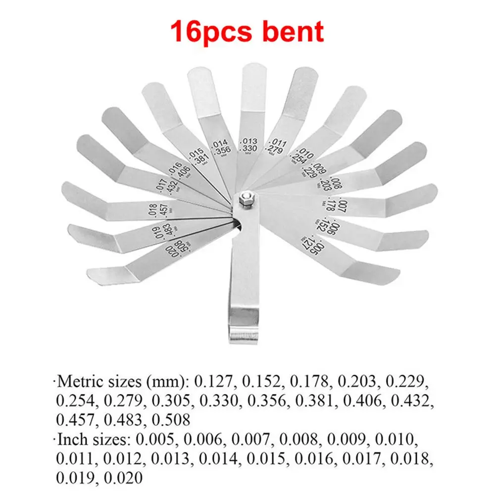 100mm Metric 0.05- 1.0mm Valve Offset Feeler Gauge 16 Blades Stainless Steel Feeler Gauge for Spark Plug Gap Valve Tappets