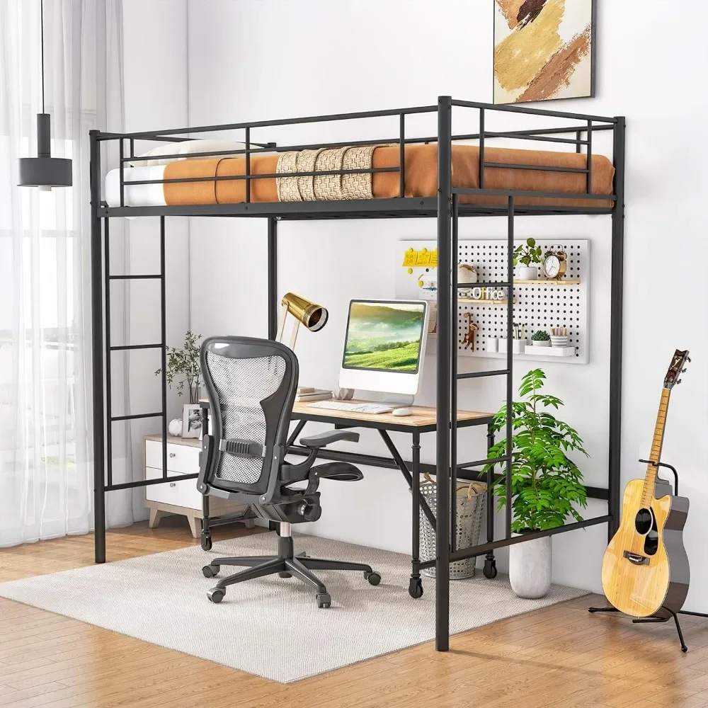 Metalen Loft Bed Twin Size, Zware Metalen Loft Bed Frame Met Dubbele Ladders & Veiligheid Vangrail, Geen Boxspring Nodig (Zwart)