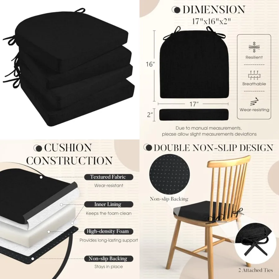 

Chair Cushions for Dining Chairs with Ties and Removable Cover, 2" Thick Seat Cushions for Kitchen Chairs, Set of 4, 17" x 16", Black