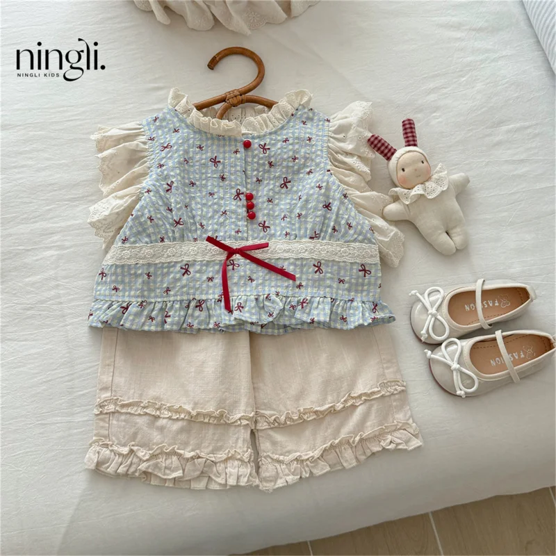 

Girls2025Summer Outfit Set for Children Plaid New Two-Piece Sweet Baby Bowknot Kids Clothing