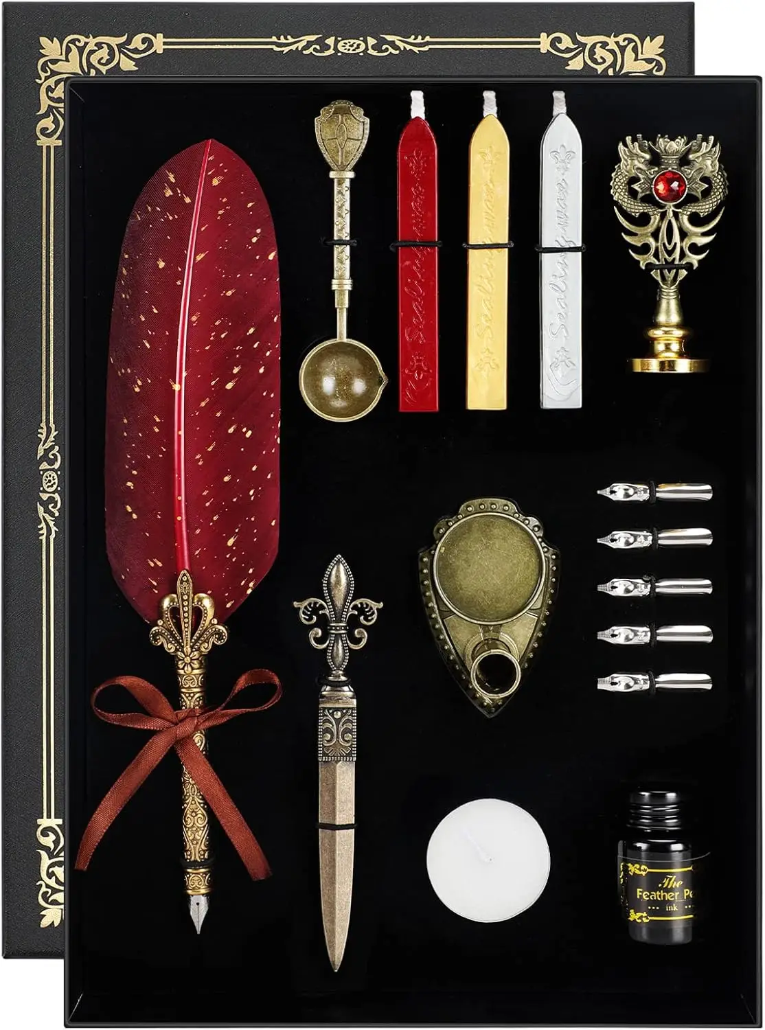 

Винтажный набор перьевых каллиграфических ручек с чернилами, перьями и набором для восковой печати — идеально подходит для письма и в качестве подарка