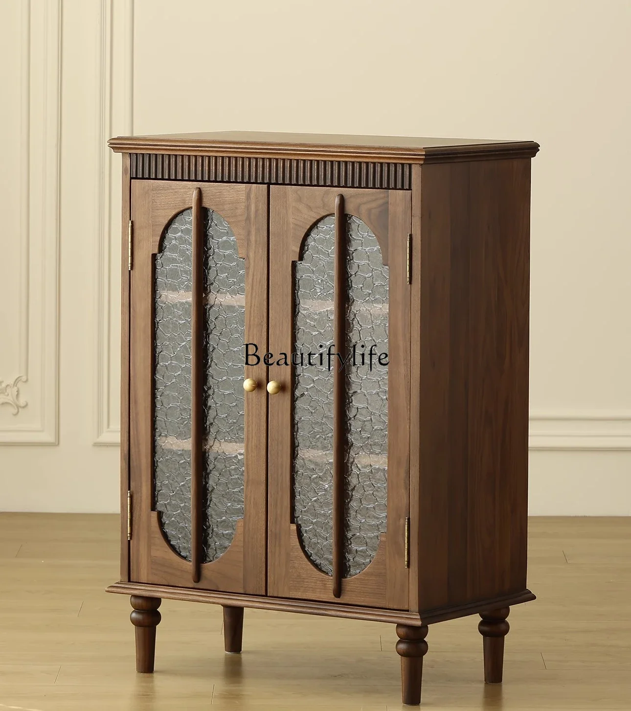 

LJY*French retro solid wood side cabinet, medieval North American black walnut glass small bookcase in living room