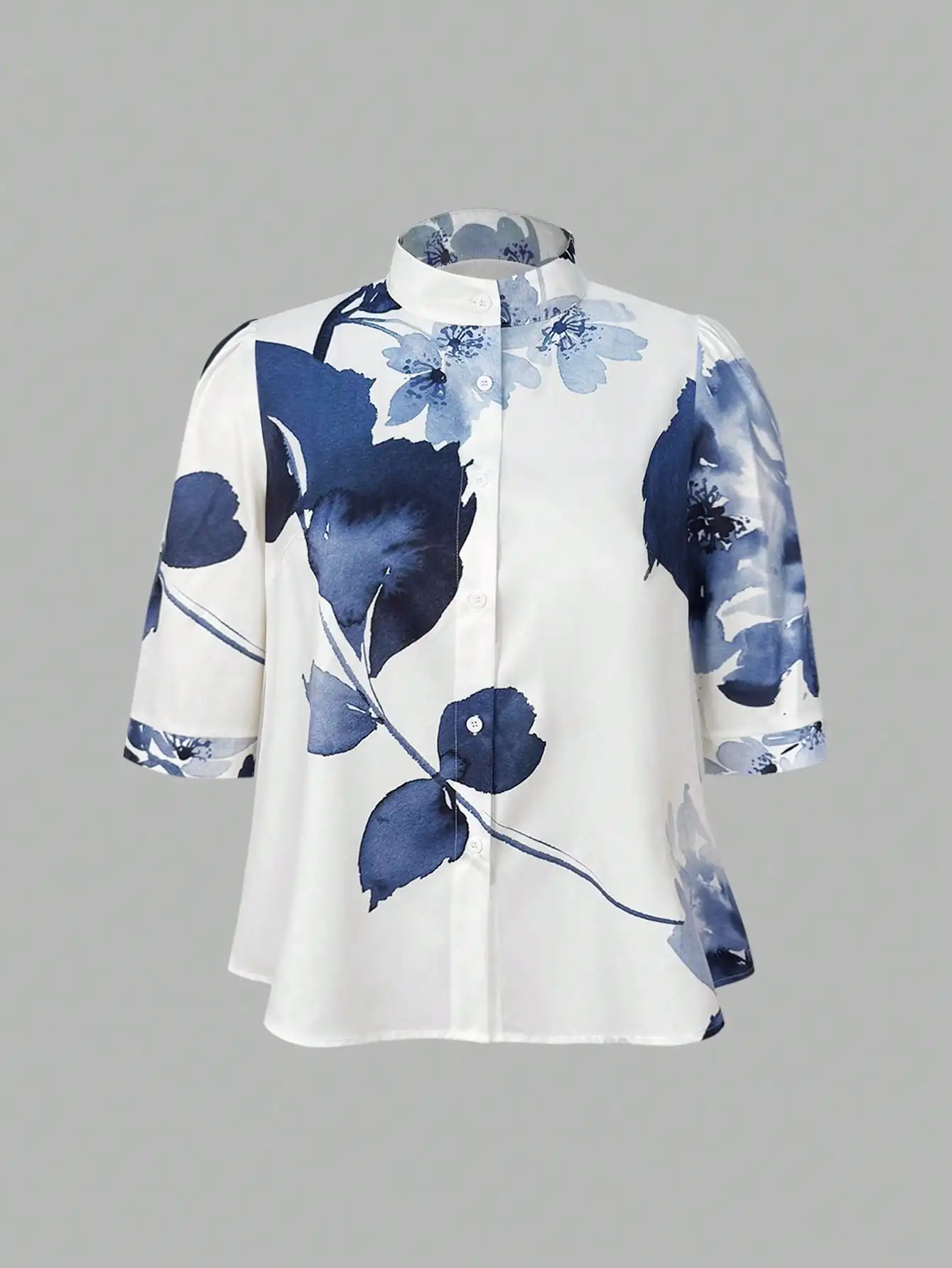 Plus Size Women Stand Collar Blouse 3/4 Sleeve Button Down Printed Shirt Loose Fit Elegant Daily Office Wear Ladies Casual Tops