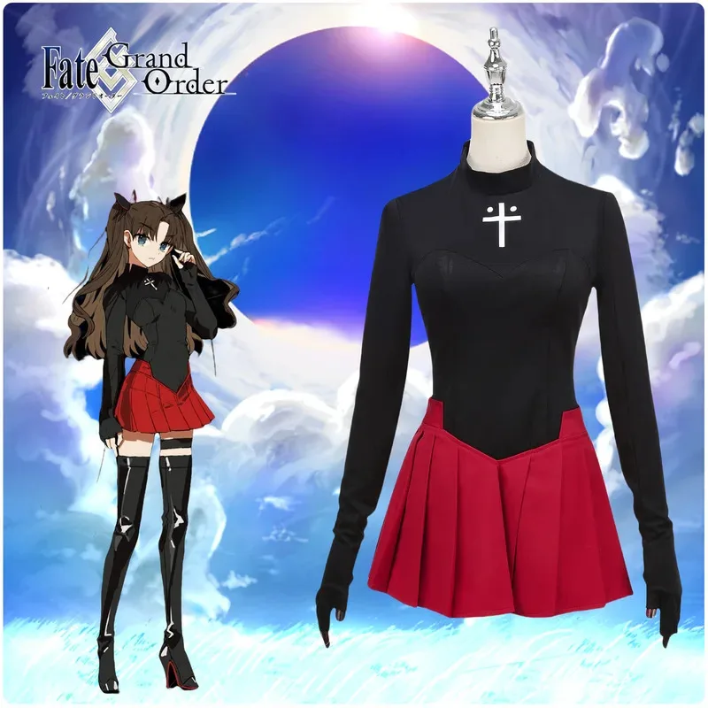 

lili 123Anime Tohsaka Rin Cosplay Girl Red Skirt Black Shirt Set Women Halloween Costumes Dress Carnival Suit Role Pla