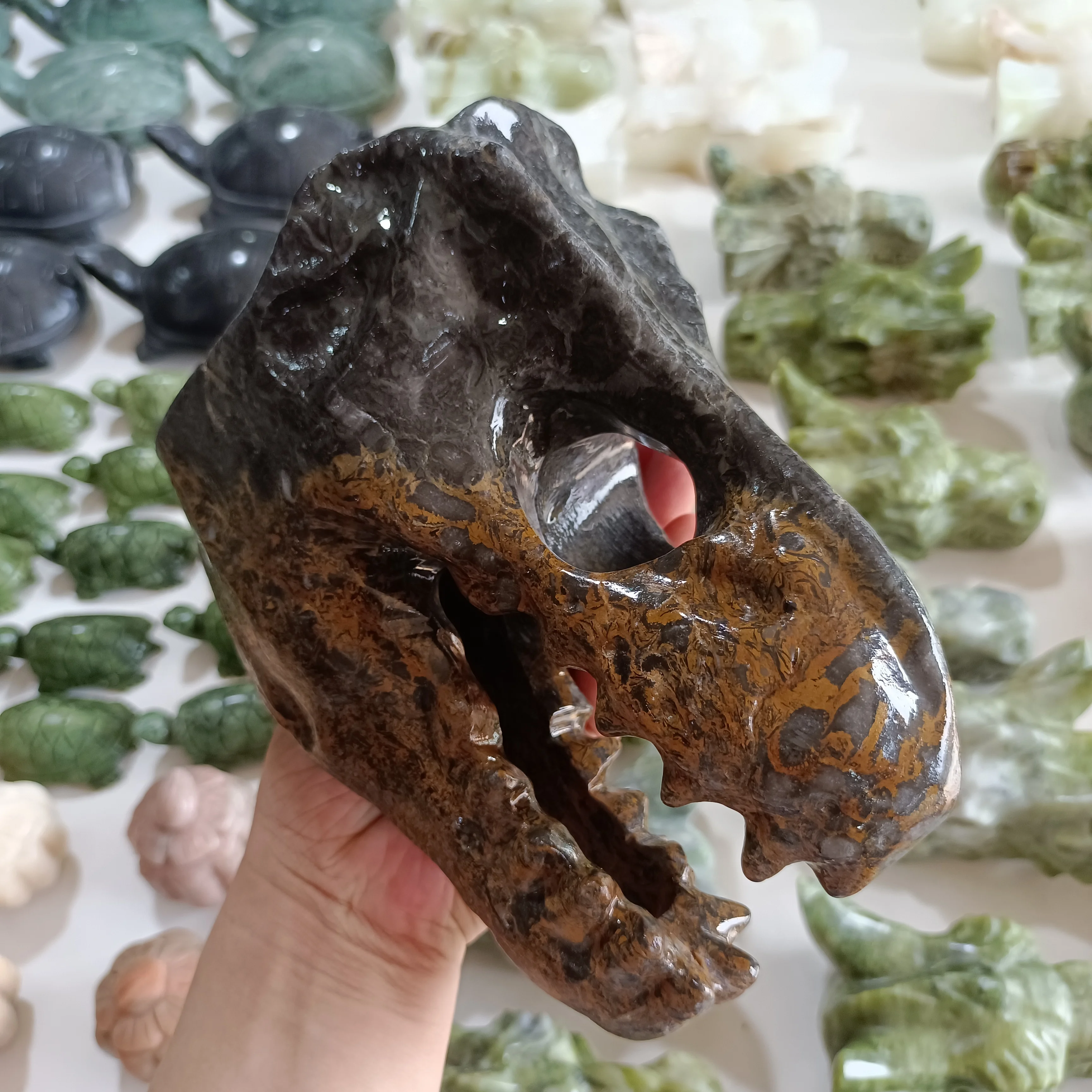 Huge Natural Three Flower Stone Dinosaur Skull, Quartz Crystal Ore Carved Dinosaur Head, Mineral Reiki Healing Stone