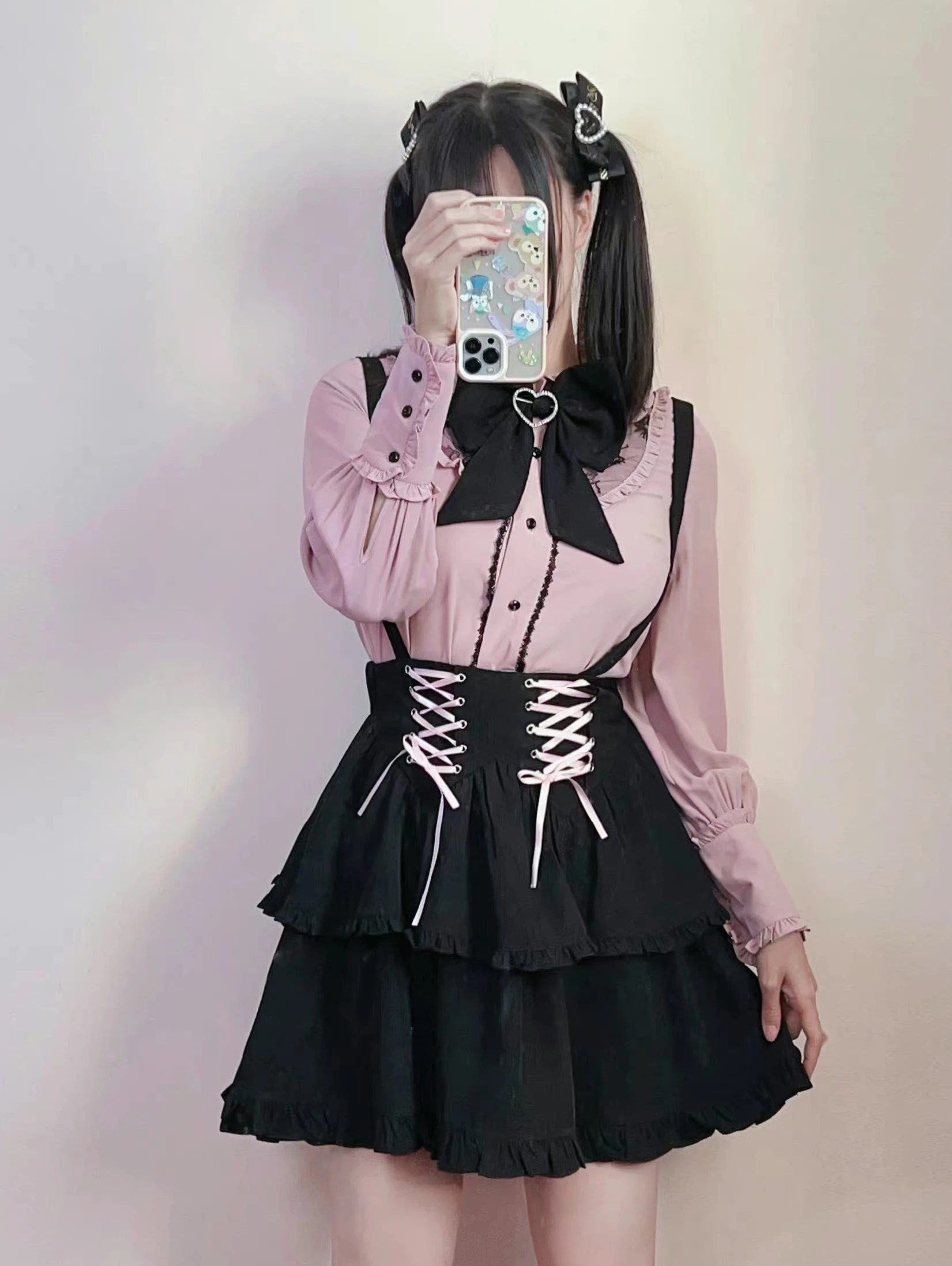 Japanese Harajuku Mine Sweet Lolita Lace Stitching Long-Sleeve Shirt High Waist Heart Buckle A-Line Skirt Two Piece Set Women