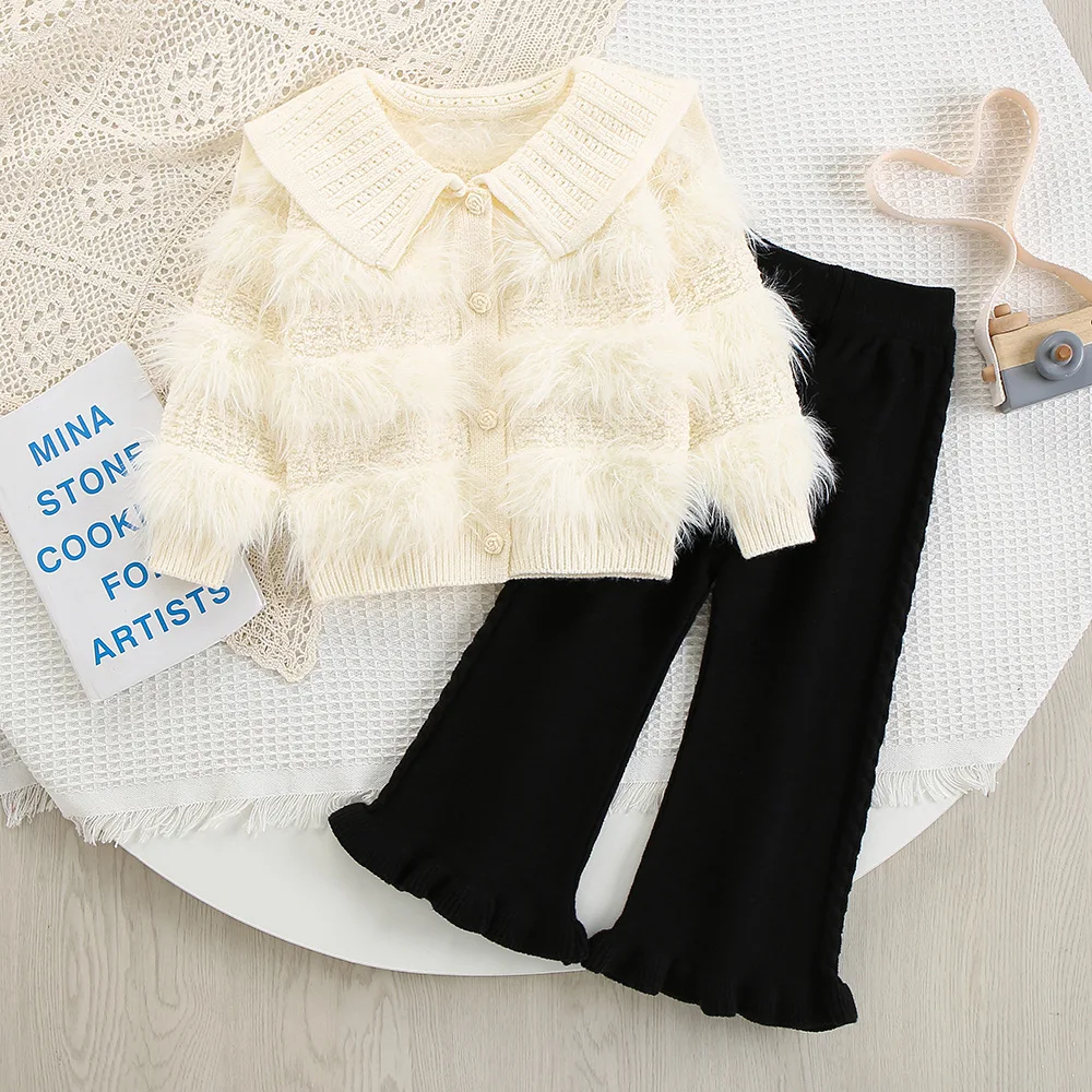 YBFSKID Spring Children Girl 2PCS Clothes Set Turn Down Collar Glutinous Fur Knitwear Cardigan Suit Versatile Strench Flare Pant