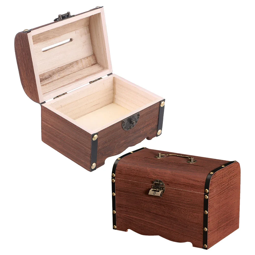 2 Piezas de Cajas de Madera Estilo Cofre del Tesoro, Alcancía para Niños y Adultos, Caja de Ahorro de Dinero, Estuche de Almacenamiento Vintage para Joyas