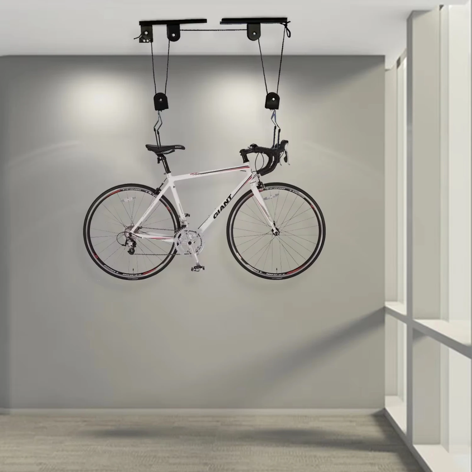 

Bike Hoist Garage Ceiling Mount Pulley System Bike Set of Bike Hangers Garage