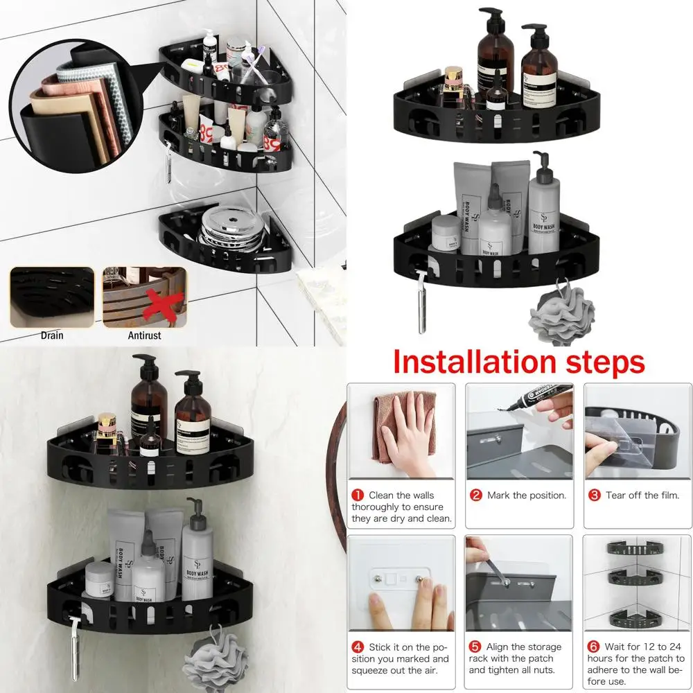 

No-Drill Corner Shower Shelf - Rust-Free Aluminum Stick-On Organizer with Shaving Holder for Toiletries, 2-Pack Black