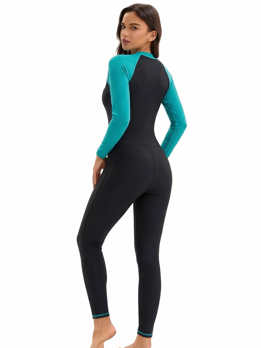 Women One Piece Swimsuit Long Sleeve Modest Surf Diving Suit Rash Guard Swimwear Zipper Front High Elasticity Beachwear UPF 50+