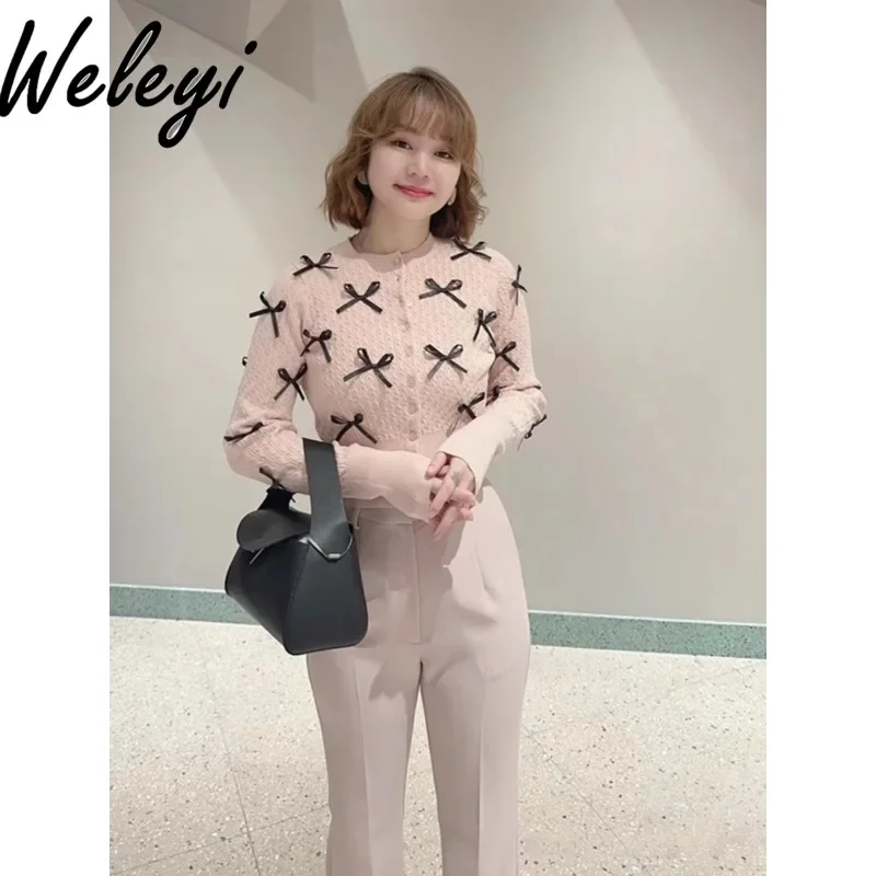 

Japanese Kawaii Sweet Cardigan Crop Top Women's Spring and Summer 2024 New Versatile Cute Round Neck Slim Bow Knitted Cardigans