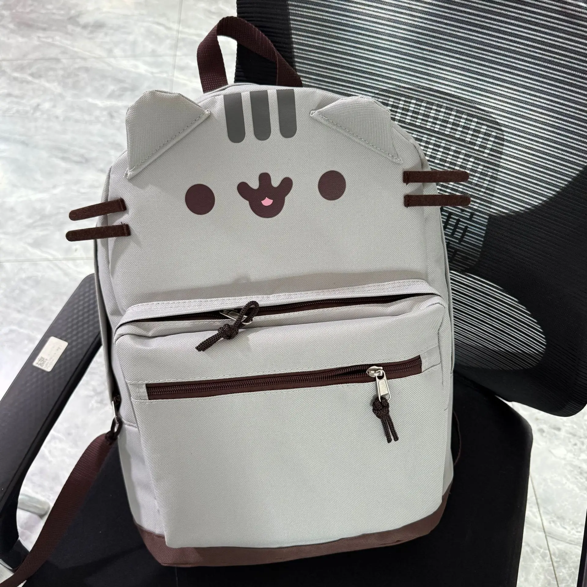 Shoulders Pusheen The Cat Backpack Cartoon Canvas Cat Versatile And Cute Brown Soft Girl New Light Grey Student Large Capacity