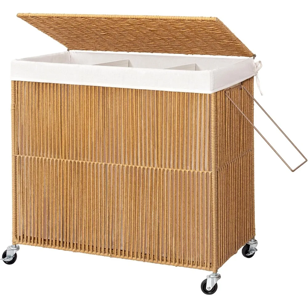 Laundry Hamper with Wheels, 150L Handwoven Rolling Laundry Basket 3 Section with Lid, Clothes Hamper with Removable Liner Bag