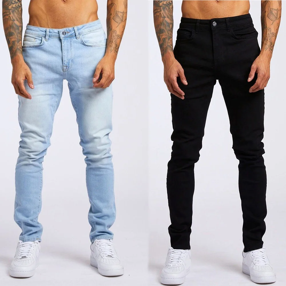 

New denim men's pants trend ins slim fit high waisted denim small leg pants tight elastic jeans men's pencil pants