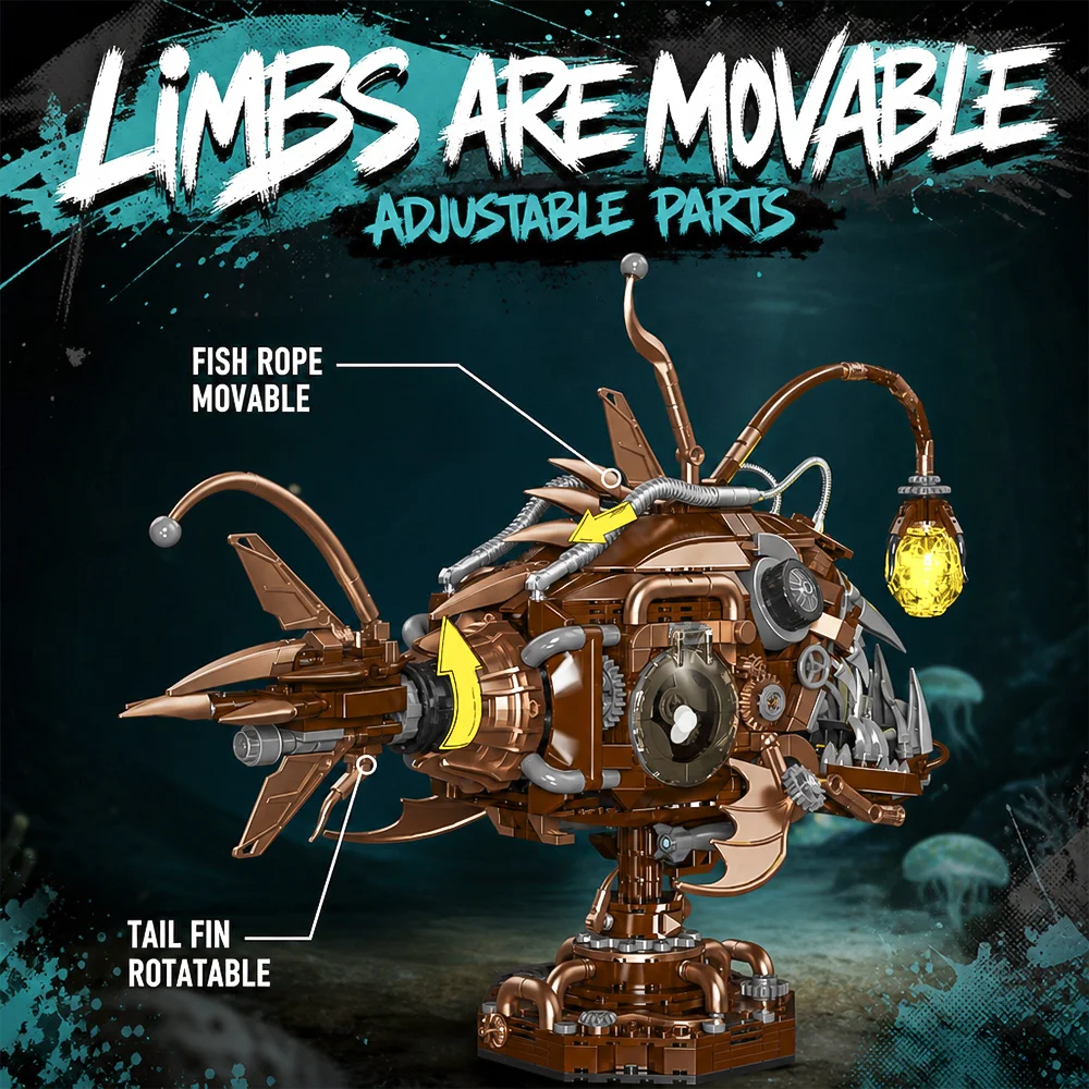 Mechanical Anglerfish Building Blocks Model Kit 1236PCS, Small Particle DIY Assembly Bricks, Steampunk Deep Sea Fish Figure with Light & Movable Joints, High Quality Collectible Display Model, Educational Puzzle Toy for Teens Adults, Ideal Holiday Gift