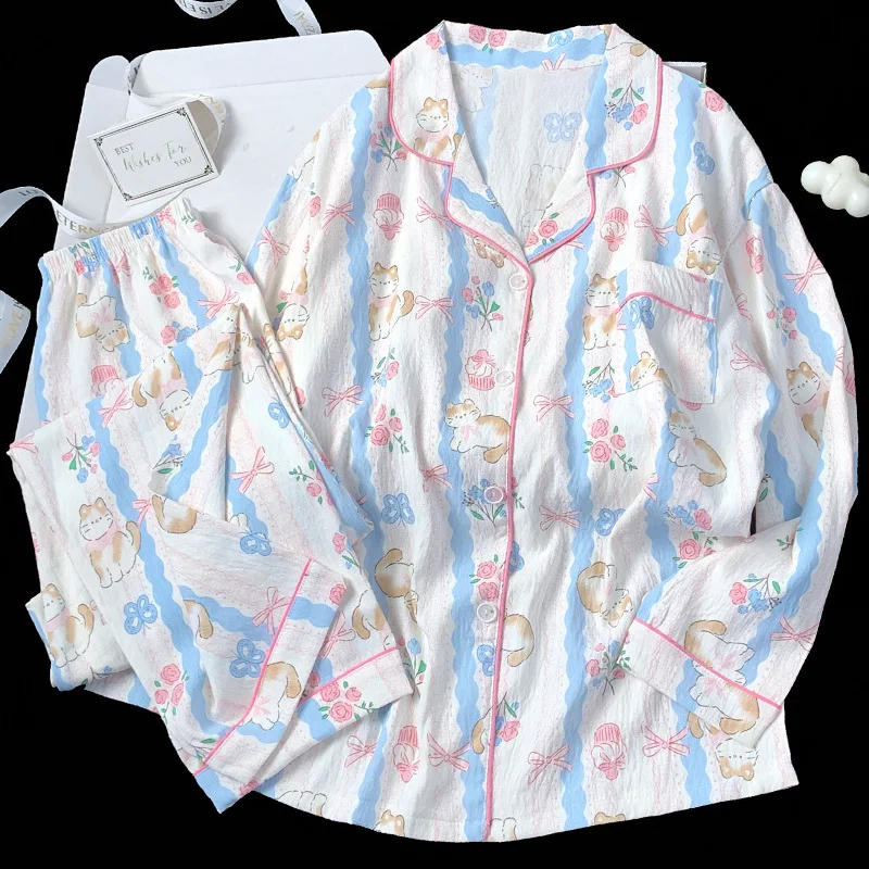 

Осенняя коллекция: милые домашние пижамы из хлопка в полоску с мультяшным принтом для женщин, которые можно носить и на улице