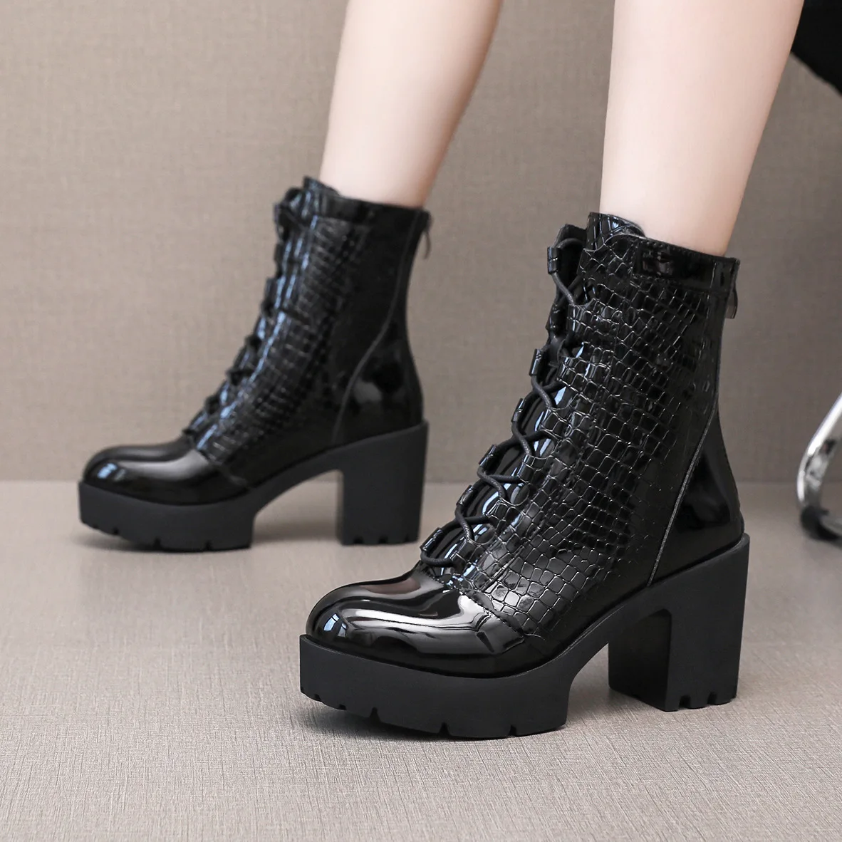 

Plush Women's High Boots for Woman Platform Boots High Heel Shoes Autumn 2025 Women's Fashion Patent Leather Winter Boots 32-43