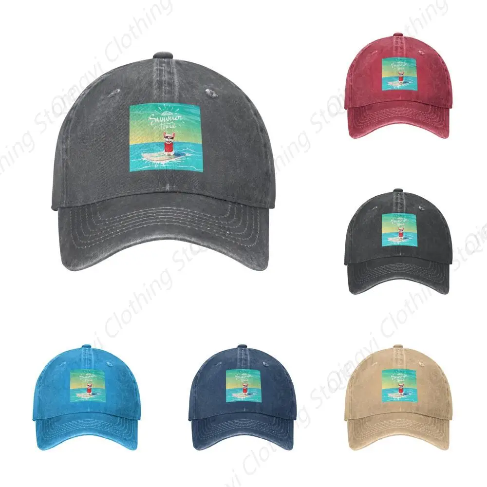 

French Bulldog Surfing Vintage Denim Cowboy Baseball Cap Dad Hat Men Women Adjustable
