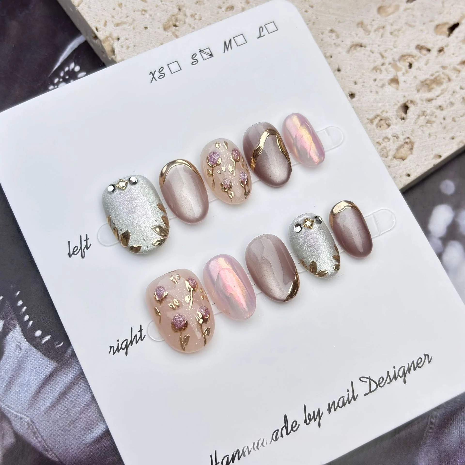 

10 шт., накладные ногти «кошачий глаз» с хромированной пудрой, цветок, пресс на ногтях, блестящие алмазные ногти, мечтательные красочные миндалевидные накладные ногти