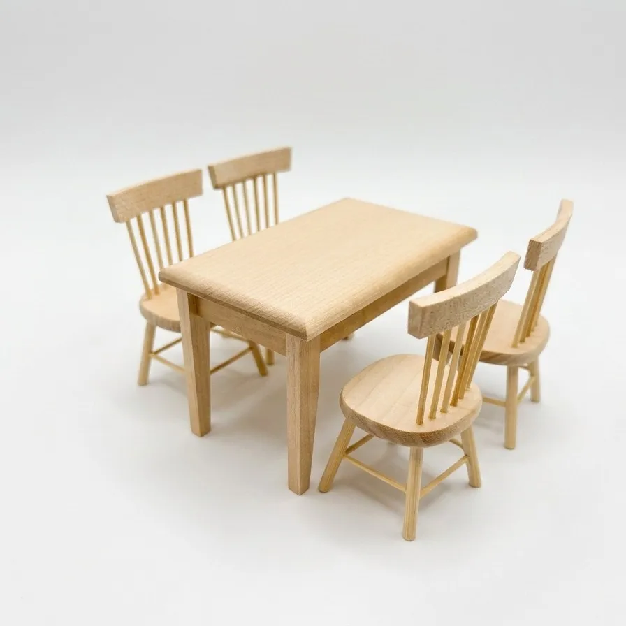 1:12 Scale Miniature Oak Dining Table & Chairs, Dollhouse Furniture Accessories for DIY Mini Food Play Scene