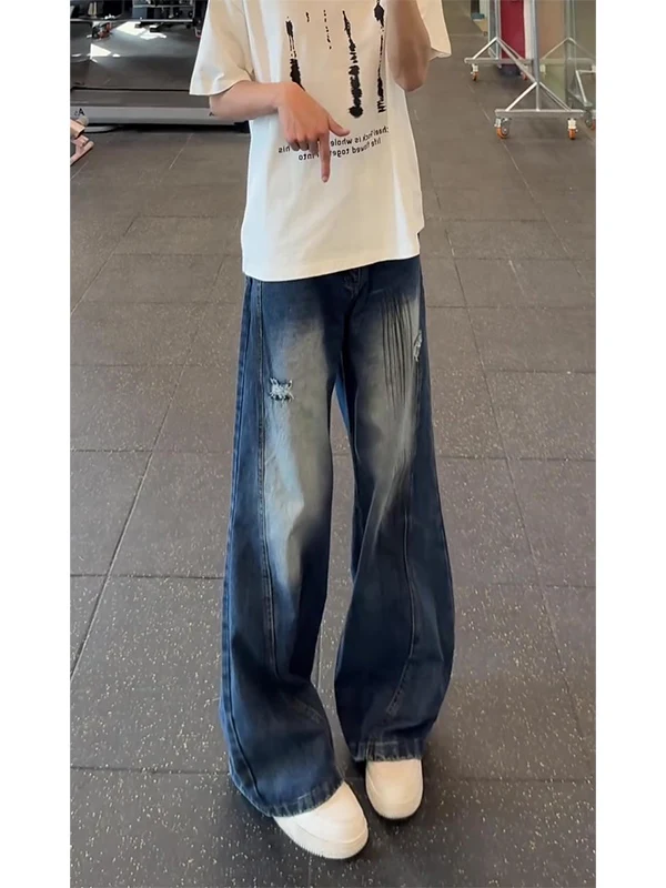 

American Retro Blue Workwear Jeans Men's Summer Micro-flared Loose BF Lazy Sle Wide Leg Knife Pants Straight Tube Jeans