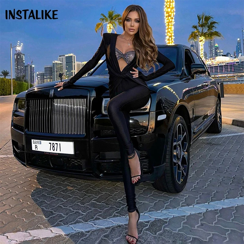 

InstaLike-Sexy Deep V Neck Jumpsuit for Women, Black Tight Jumpsuit, Long Sleeve, Twist Folds, Sports Fit, Autumn and Winter,New