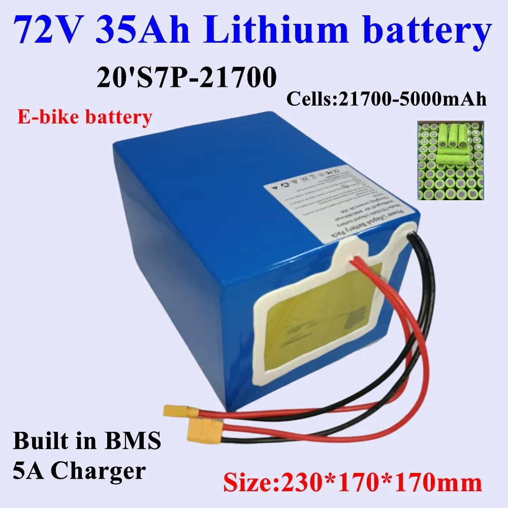 

Rechargeable20S7P 21700 Cells li ion battery pack 72V35Ah BMS for 3000w 5000w e-bike motor Vehicle tricycle scooters +5A charger