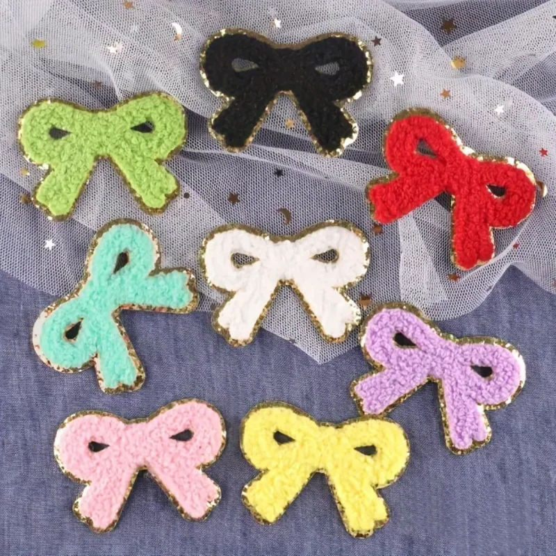 5 Stück/Set Glitzer-Chenille-Schleifen-Aufnäher, bestickte Aufnäher mit Goldrand zum Aufbügeln für DIY-Nähprojekte, Applikationen, Kleidungszubehör – Detail 3