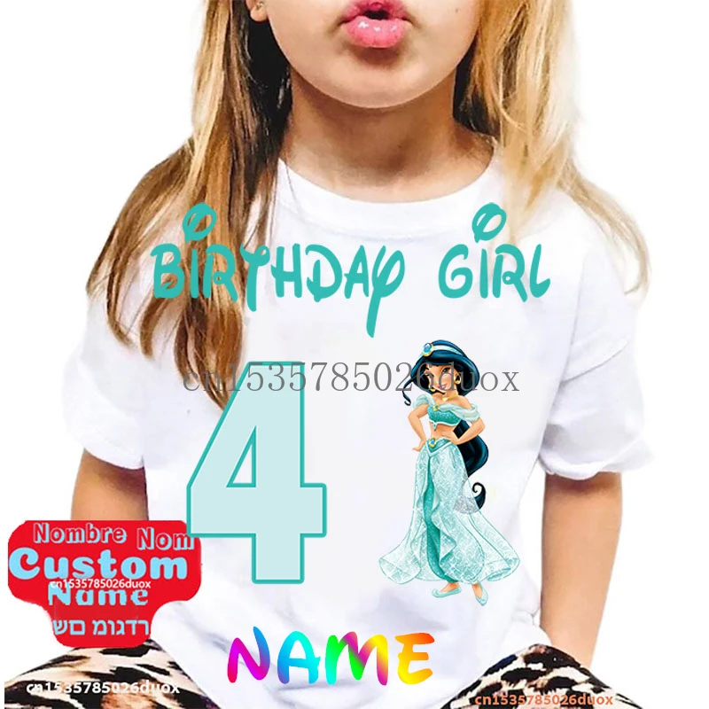 2 3 4 5 6 7 8 9 ديزني الأميرة ياسمين عيد ميلاد الملابس هدية سندريلا Kawaii فتاة تخصيص اسم الصيف قصيرة الأكمام التي شيرت